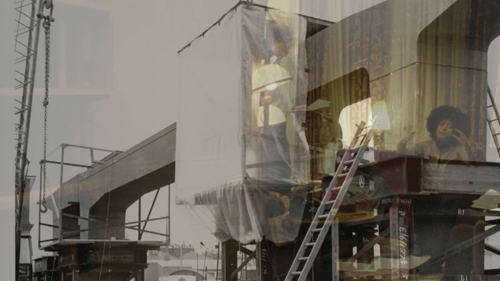 Mono and sepia images shows, from left, crane and construction on the Westway elevated road, and right, people seated at a meeting of the Mangrove 9