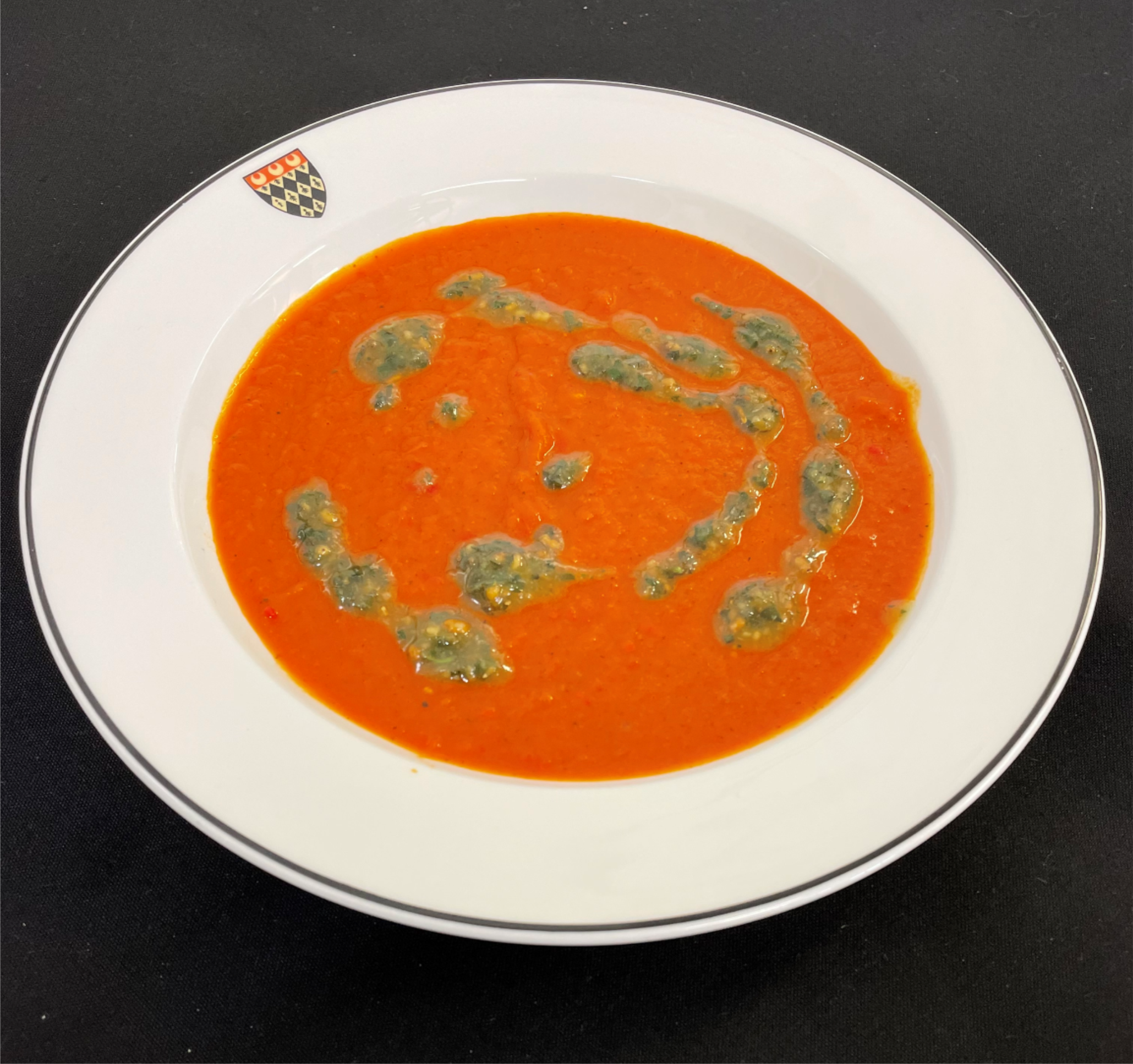 Red pepper and tomato soup (vg): served with a vegan pesto