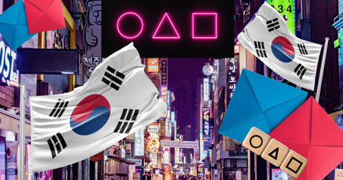 A composite image showing neon signs in a South Korean city, with South Korean flags overlaid and red and blue envelopes, plus square triangle and circular symbols to represent the TV show ‘Squid Game’