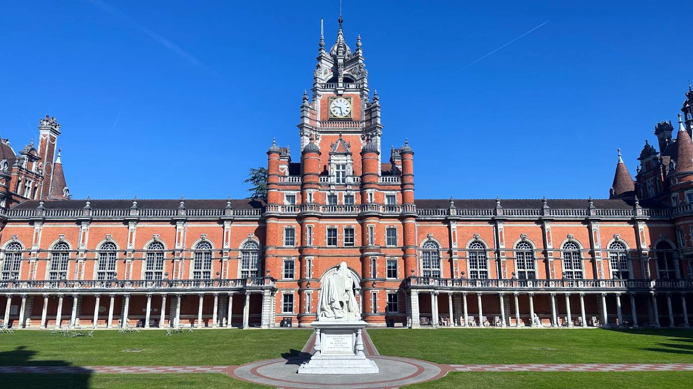 The North quad at Royal Holloway University looking towards the entrance clock tower