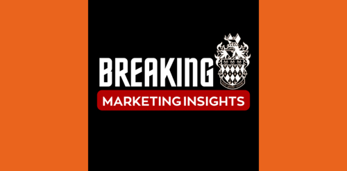 The logo for the Breaking Marketing Insights podcast, which features a Royal Holloway crest in white on a black background with orange bands either side. The title of the show is also written in white text, with the second half surrounded by a red box.