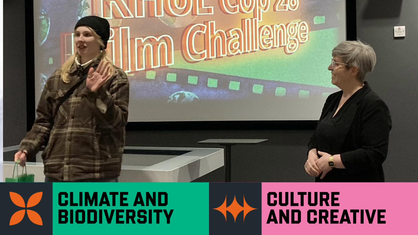 Image of stuent filmmaker and Maeve O'Connell, with Climate and Biodiversity and Culture and Creative headers beneath.
