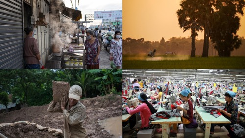 Splitscreen showing photographs of street food stall, farmer spraying crops in field, worker carrying mud brick and garment factory workers at sewing machines