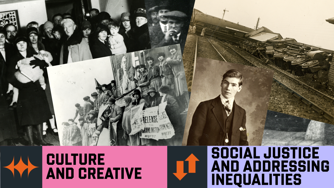 Research Stories hero image & graphic banner (photos from Working Class Movement Library): 'Culture and Creative' and 'Social Justice and Addressing Inequalities' Research Strengths graphic banner